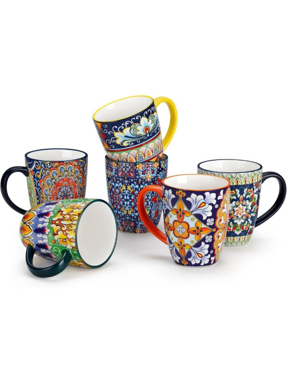 Set of 6 Boho Ceramic Coffee Mugs, 12 oz with Handle - Stylish Drinkware Set
